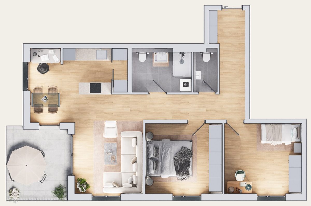 Grundriss einer 3-Zimmer-Wohnung im UrbanDuo